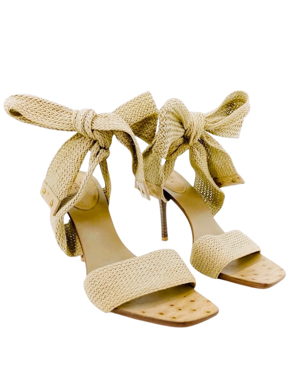 GUCCI TOM FORD 2002 Tan Ostrich Leather Woven Ankle Tie Y2K Sandals